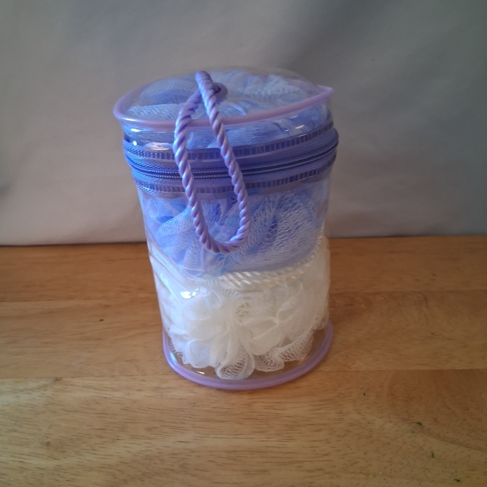Lavender & White Bath Pouf Set with Carry Case - Picture 2 of 4